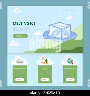 Vorlage für Landing-Page-Website zum Schmelzen von Eis. Kohlendioxid, Wüste, Klimawandel. Webbanner mit Header, Content und Footer. Vektor Stock Vektor