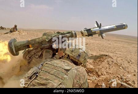 DIE AMERIKANISCHE SPEERRAKETE FGM-148 wurde von der US-Infanterie während einer Trainingssitzung in Jordanien im August 2019 abgefeuert Stockfoto