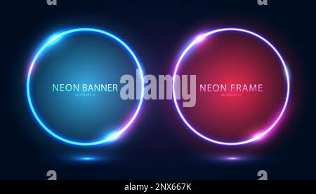 Ein Satz runder Neonrahmen mit leuchtenden Effekten und Lichtern auf dunklem Hintergrund. Stock Vektor