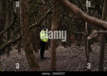 Ein Polizist der Metropolitan im Wald im Wild Park Naturschutzgebiet, nahe Moulsecoomb, Brighton, wo die dringende Suche weiterhin das vermisste Baby von Constance Marten und Mark Gordon findet. Das Paar wurde wegen grober Fahrlässigkeit am Dienstag verhaftet, nachdem es am Montag in Brighton festgenommen wurde, nachdem es mehrere Wochen der Polizei aus dem Weg gegangen war, aber das Baby war nicht bei ihnen. Bilddatum: Mittwoch, 1. März 2023. Stockfoto