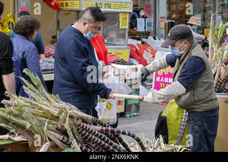 Ein chinesisches amerikanisches Paar kauft frisches Zuckerrohr, das wahrscheinlich in ein süßes Getränk gepresst wird. In Chinatown, Flushing, Queens, New York. Stockfoto