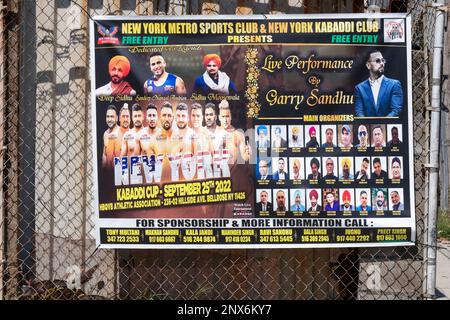 Schilder für Kabaddi-Spiele und Konzertveranstaltungen für die Sikh- und südasiatischen Gemeinden im Ozone Park und Richmond Hill, Queens, New York City Stockfoto