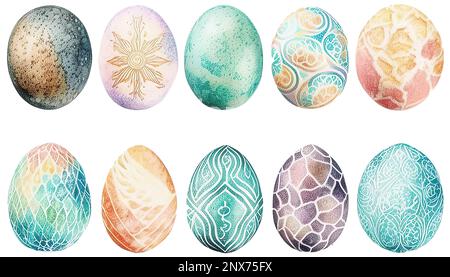 Frohe Ostern. Aquarell-Set handgezeichneter farbiger Ostereier Stockfoto