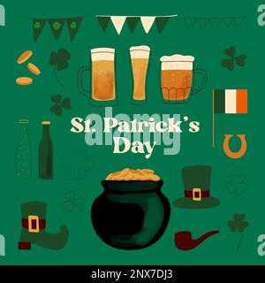 St. Patrick's Day Designelemente stilisierte Tassen mit Bienentopf Münzen Hut auf grünem Hintergrund Stock Vektor