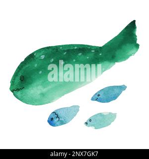 Grünwal und Fische. Meeresfauna Cartoon Nautische Illustration Marinestil für Grußkarten Logo oder Dekoration. ESP10 Stock Vektor
