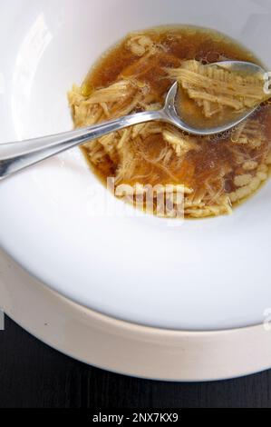 Filindeu-Pasta in Schafbouillon, ein traditionelles Rezept aus der Stadt Nuoro im Landesinneren Sardiniens, Italien Stockfoto