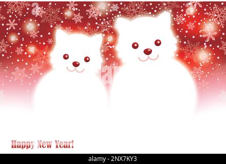 Vorlage für Weihnachtskarten und Silvester mit einem Paar aus Hündchen und Schneemann mit Schneehintergrund, Vektorgrafik. Stock Vektor