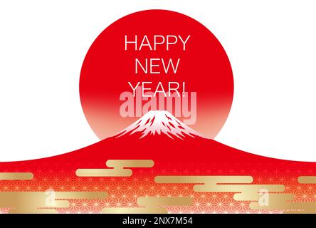 Vorlage für Vector-Neujahrskarte mit rotem Mt. Fuji Und Die Aufgehende Sonne. Stock Vektor