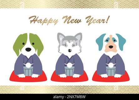 Vorlage für „Jahr des Hundes“-Karte zum Neujahrsvektor mit einem Hund in formellen japanischen Kimonos. Stock Vektor