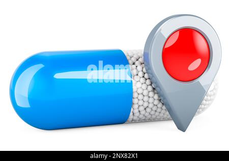 Arzneimittelkapsel mit MAP-Zeiger. 3D-Rendering auf weißem Hintergrund isoliert Stockfoto