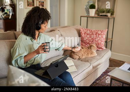 Frau streichelt ihre Katze, während sie ein Tablet auf ihrem Sofa benutzt Stockfoto