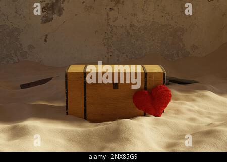 3D-Darstellung eines Holzschatzes und Anlehnung des roten Herzens an den Sand Stockfoto
