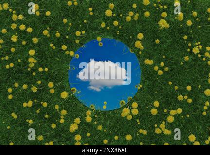 3D-Darstellung eines kreisförmigen Spiegels, der eine weiße Wolke reflektiert und von gelben Löwenzahnen umgeben ist. Flaches Design im Naturstil Stockfoto