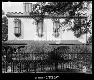 Green Meldrim House, Macon Street und Bull Street, Savannah, Chatham County, Georgia. Carnegie Survey of the Architecture of the South (Carnegie-Umfrage zur Architektur des Südens). Vereinigte Staaten, Georgia, Chatham County, Savannah, Fences, Eisenarbeiten. Stockfoto