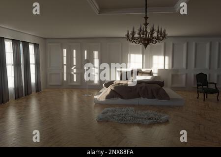 Apartment mit klassischem Schlafzimmer (3D m2) und gemütlichem Bett Stockfoto