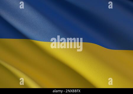 3D-Darstellung der winkenden ukrainischen Flagge in Nahaufnahme Stockfoto