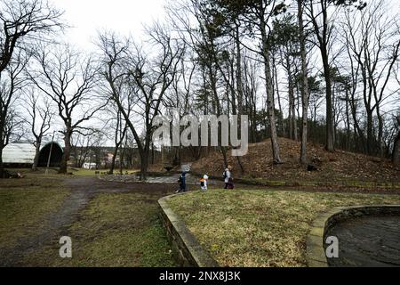 Mutter und Kinder laufen im Wald. Stockfoto