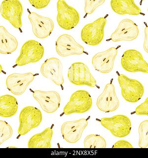 Nahtloses Birnenmuster. Leuchtende farbenfrohe Illustration mit gelben Früchten auf weißem Hintergrund und sommerlichen positiven Vibes. Struktur für Druck, Stoff Stock Vektor