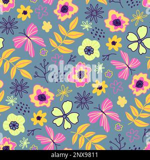 Nahtloses Blumenmuster. Blumen, Blätter, Schmetterlinge. Vektorhintergrund. Moderner flacher Stil, süßes memphis-Design. Handgezeichnete Illustration. Textur für Stock Vektor