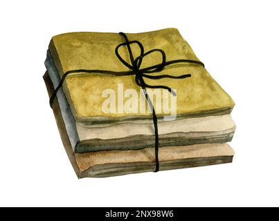 Aquarell-Vintage-Stapel von Papierordnern, Dokumenten oder alten Karten mit einer isolierten Schleife auf weißem Hintergrund. Stockfoto