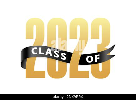 Klasse-2023-Schriftzug Gold Graduierung 3D-Logo mit Band. Design-Jahrbuch Vektordarstellung Stock Vektor