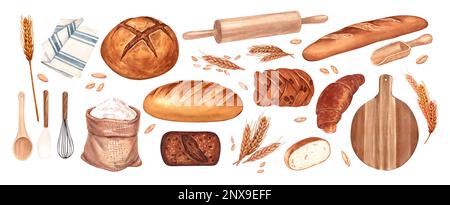 Aquarelle Küchengeräte und Brot. Brötchen, Baguettes, Brot, Gebäck und andere Backwaren. Konzept für eine Bäckerei oder ein Café. Hintergrund für Ihr Stockfoto
