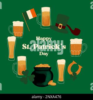 „Happy St. Patrick's Day“-Grußkartendesign mit stilisierter Illustration, traditionellen Symboltassen mit Biertopf-Münzen auf grünem Hintergrund Stock Vektor
