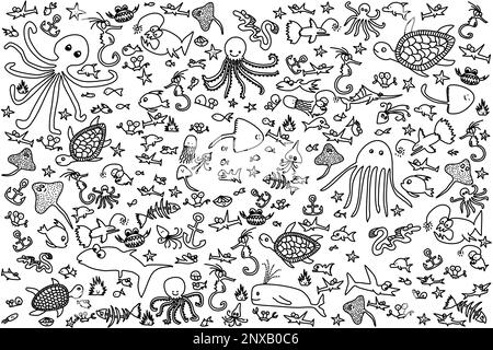 Abstraktes nahtloses Muster mit Unterwasserlebewesen in der Meereswelt, darunter Fische, Kraken, Seepferdchen und Schildkröten. Schwarze Linienzeichnung Stockfoto