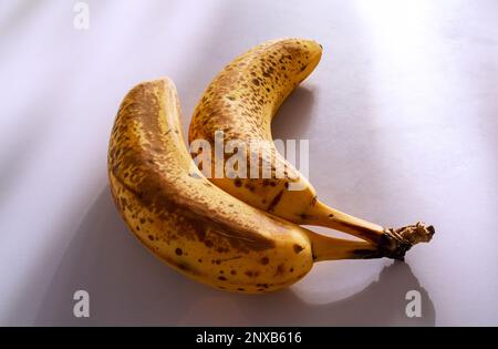 Zwei reife Bananen auf weißem Tisch Nahaufnahme in interessanter Komposition Stockfoto
