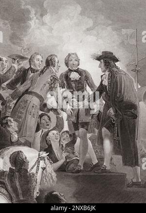 William, Prince of Orange (später König William III) landet am 5. November 1688 in Brixham in Torbay, Devon, England. Nach einem Aufdruck von George Noble aus dem Werk von Thomas Stothard, das ursprünglich in der historischen Galerie von Robert Bowyer, die zwischen 1793 und 1806 veröffentlicht wurde, zu sehen war. Stockfoto