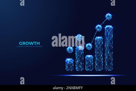Polygonales wachsendes Balkendiagramm in Technologieblau auf dunklem Hintergrund. Stock Vektor