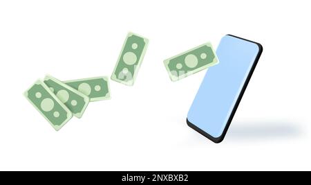 Mobiles Banking. Geld 3D Dollar Bargeld, Smartphone, Wads, fliegende Münzen und Dollarscheine isoliert auf Weiß. Stock Vektor