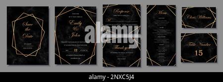 Elegante Einladungen mit goldenen geometrischen Rahmen und schwarzer Marmorstruktur. Stock Vektor