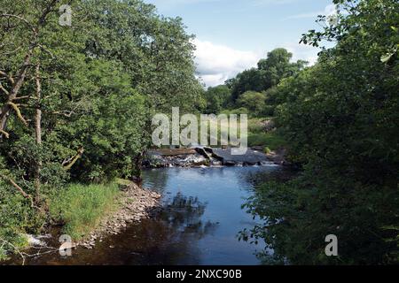 Blick auf das Wehr am Endrick Water vom West Highland Way und den John Muir Way Wanderwegen an der Gartness Bridge, Stirlingshire, Schottland. Stockfoto