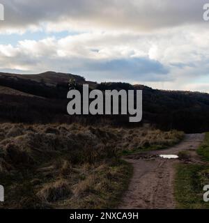 Wenn die Sonne hinter den benachbarten Hügeln untergeht, fängt das Licht Strommasten ein und gibt ein unheimliches Leuchten ab. Vom John Muir Way und West Highland Way. Stockfoto