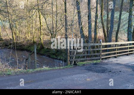 Strathblane Valley, Stirlingshire, Schottland. 22. Februar 2023. Brücke mit John Muir Way Wegmarke über Blane Water bei Dumgoyach auf dem West Highland Way. Stockfoto