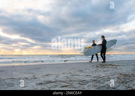 Surfer in Florida mit Longboards, bereit für eine Surftour bei Sonnenaufgang im Winter am Jacksonville Beach im Nordosten Floridas. (USA) Stockfoto