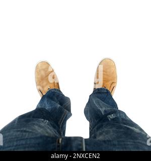 Beine Draufsicht. Draufsicht auf Beine in Schuhen auf weißem Hintergrund. Mann in Stiefeln. Vektorgrafik. Stock Vektor