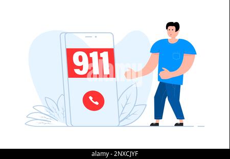 Ein Mann steht neben dem Smartphone, auf dem Bildschirm Notruf 911 Stock Vektor