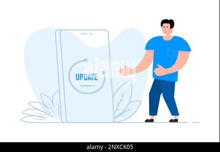 Ein Mann steht in der Nähe des Smartphones, auf dem Bildschirm Systemsoftware-Aktualisierung und -Aktualisierung Stock Vektor