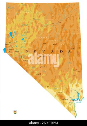 Sehr detaillierte physische Karte der Nevada, im Vektorformat, mit allen Reliefformen, Regionen und Großstädten. Stock Vektor