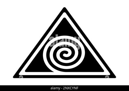 Zwei Spiralen in drei Dreiecken, ein Hopi-Symbol. Eine schwarze Spirale, die ein Dreieck bildet und die optische Täuschung einer weißen Spirale erzeugt. Stockfoto