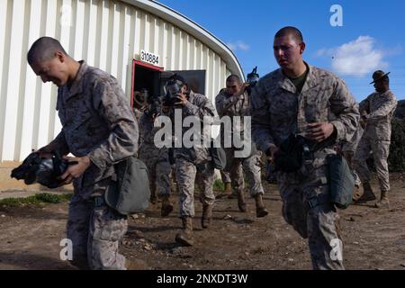 USA Marinekorps Rekruten bei Delta Company, 1. Rekruten-Ausbildungs-Bataillon, verlassen die Vertrauenskammer im Marinekorps-Basislager Pendleton, Kalifornien, 18. Januar 2023. Die Vertrauenskammer trainiert, wie man die M40-Gasmaske richtig verwendet und auf potenzielle chemische und biologische Bedrohungen reagiert. Stockfoto