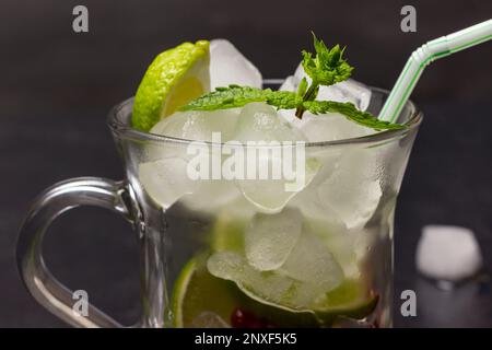 Eis, Zitrone und einen Minzzweig in einem Glas. Teil des Rahmens. Schließen. Grauer Hintergrund. Stockfoto