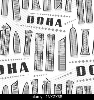 Vector Doha Seamless Pattern, quadratischer, sich wiederholender Hintergrund mit Illustration der berühmten stadtlandschaft von doha auf weißem Hintergrund für Geschenkpapier, Monochro Stock Vektor