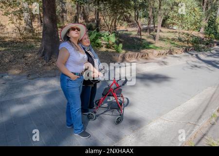 Die Erwachsene Tochter unterstützt ihre ältere Mutter, wenn sie mit ihr spazieren geht, mit einem Geher im Park, steht und schaut auf, und genießt die sonnige Umgebung am Tag Stockfoto