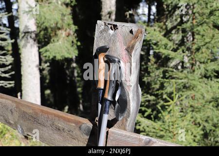 Zwei Wanderstöcke, die auf einem Geländer geparkt sind Stockfoto