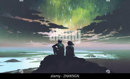 Ein Paar sitzt und schaut in den Himmel, mit einem spektakulären Meteoritenschauer, digitalem Kunststil, Illustrationsmalerei Stockfoto