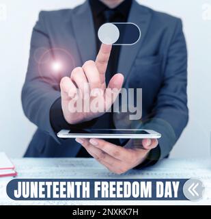 Konzeptionelle Darstellung am Juneteenth Freedom Day. Wort für gesetzlichen Feiertag in den Vereinigten Staaten zum Gedenken an das Ende der Sklaverei Stockfoto