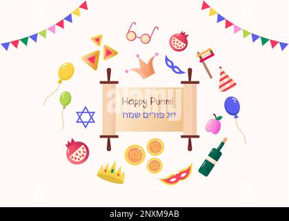 Happy Purim Karte mit einer Karnevalsmaske, hängenden Flaggengirlanden, Gläsern, Granatäpfeln, Bällen und Schekeln. Sowie eine Krone, eine Schriftrolle, einen Apfel und einen St. Stockfoto